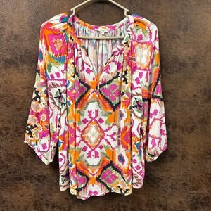 Christian Siriano NY Pink Orange Aztec Button Sleeve V-Neck Blouse Women's 2X